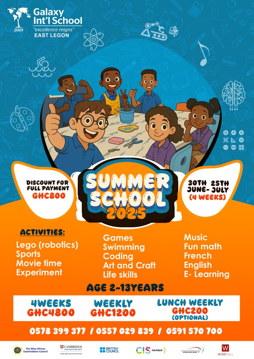 galaxyintschool's tweet photo. 🌞 Join #GalaxySummerSchool2025!
📍East Legon | Ages 2–13
🎨 Robotics, Swimming, Coding &amp; More
🗓️ June 30 – July 25
📞 0578 399 377
#TopSchoolsInGhana #GalaxyInternationalSchool #SummerSchoolGhana https://t.co/ZLiKJOuycV