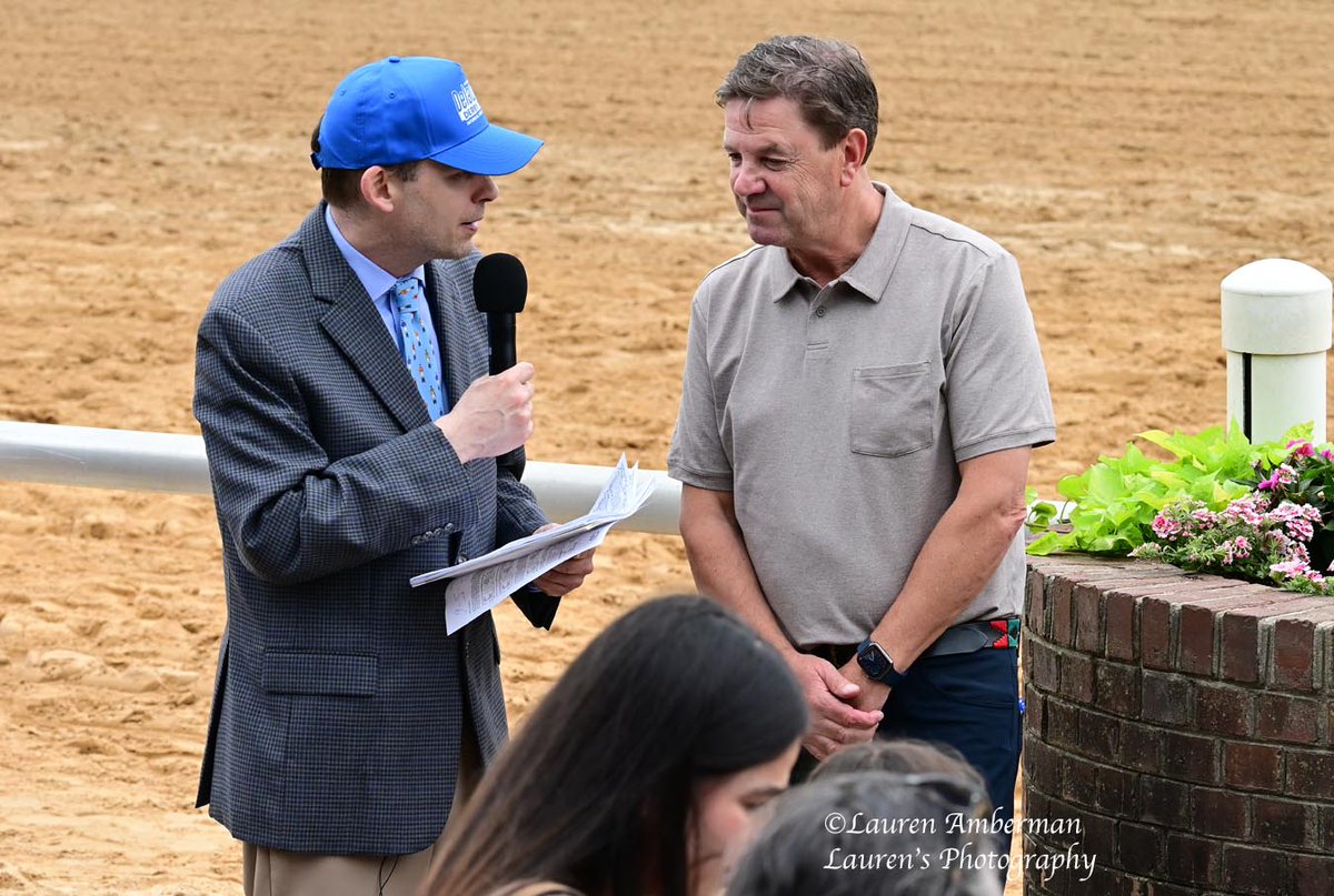 Graham being interviewed by Stan Salter at Delaware Park after Fondly won the Delaware Oaks on Satuday, June 14, 2025.