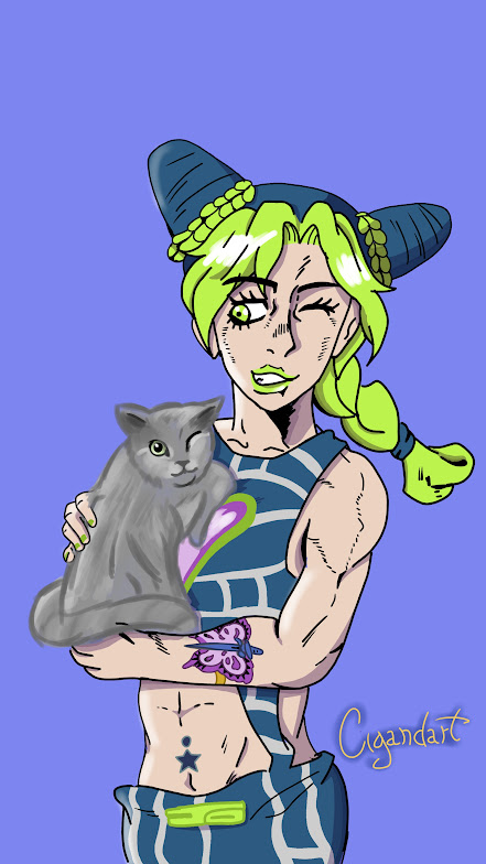 And here's my first commission! This one's for <a href="/gerard_dubs/">Cheddar🎙</a> , his kitty Jolyne with... Jolyne?!