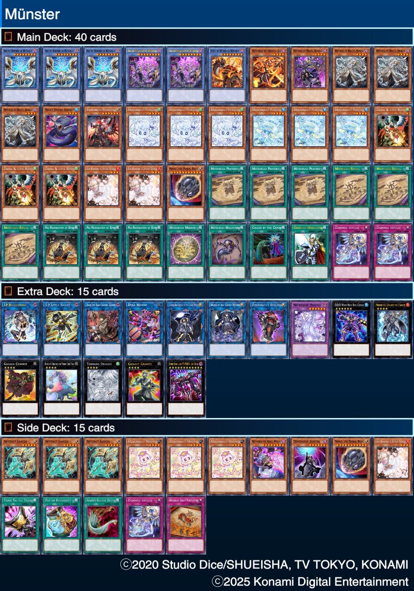 timroterackete's tweet image. German Nationals Results
8-3-1 record, got exactly 128th lmao
Loss to Fire King, i missplayed G3
Loss to Maliss, G3 no Handtraps
Loss to Maliss (Mistaken arrest is fair and balanced)
Draw against 60 card Tear, i missplay G1
List felt solid, i am just bad.
Side looks giga cursed