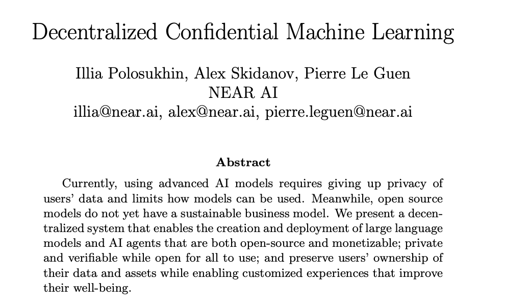 Decentralized Confidential Machine Learning (DCML) on NEAR is all about creating AI Agents that are:  

💰open-source and monetizable 
🔒private and verifiable
🤝open for all to use

This is the agentic future where everyone wins