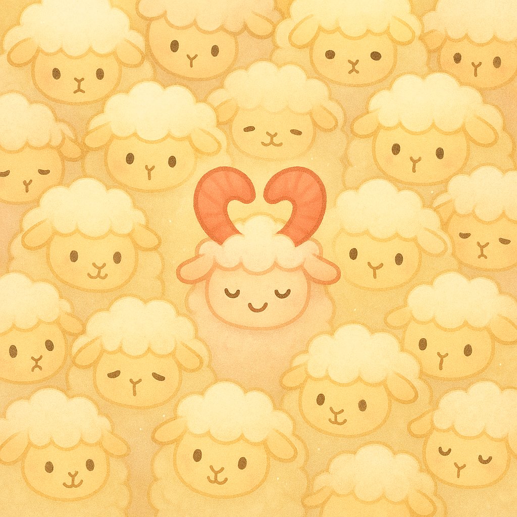 crcrimg's tweet photo. 🐏《群れのまんなかで》
ハートの角を持つ羊は、群れのなかでも特別な存在。
その穏やかな気配は、周囲を自然とあたためる。
争わず、急がず、
ただ真ん中で微笑んでいるだけで、みんなが少し安心する。
#群体アート #ひつじの群れ
#非人型キャラ #AIイラスト
#ふわもこ #digitalcute https://t.co/QeR1yI3UV8