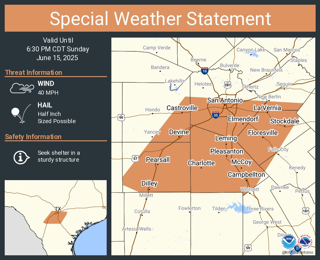 A special weather statement has been issued for San Antonio TX, Lackland Air Force Base TX and  Pearsall TX until 6:30 PM CDT