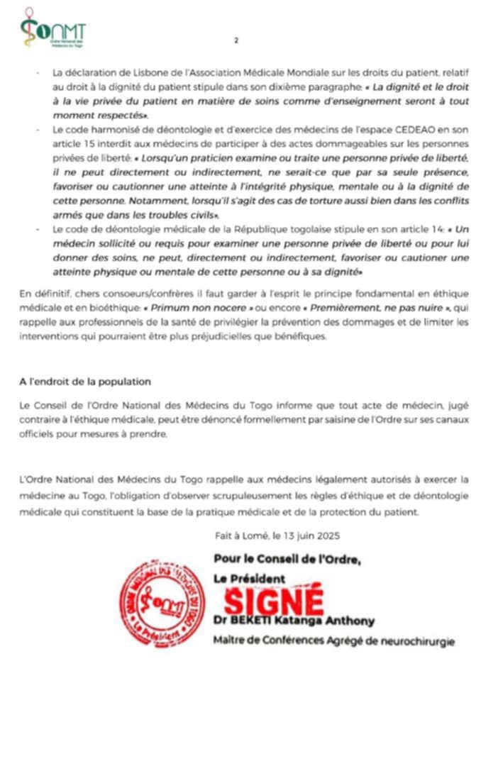 L’Ordre National des Médecins du Togo dénonce les conditions de détention du Docteur Ayitevi Firmin Elom Hounou-Adossi arrêté lors des manifestations du 6 juin dernier, et appelle au respect de la dignité humaine tout en rappellant les principes éthiques qui régissent la