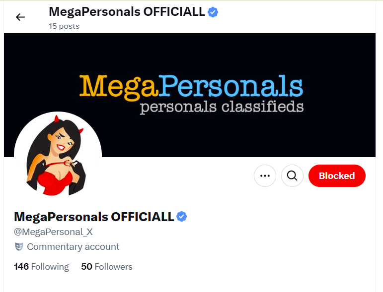 Mega_Personals's tweet photo. This is not us! We have reported and blocked them, but they are still not taken down yet. Please do NOT contact them. We will NEVER ask for your password or for you to click a link. We won't ask for your ID on social media either. Mega_Personal_X is a scam. https://t.co/pXHZbvyZOR