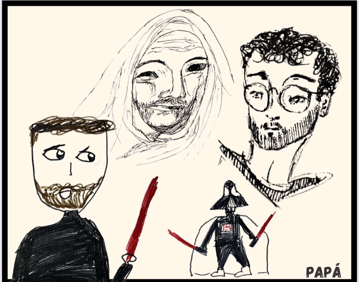 Retratos del día del padre hechos por mis hijos: Emo, Jedi, fantasma,  Vader.