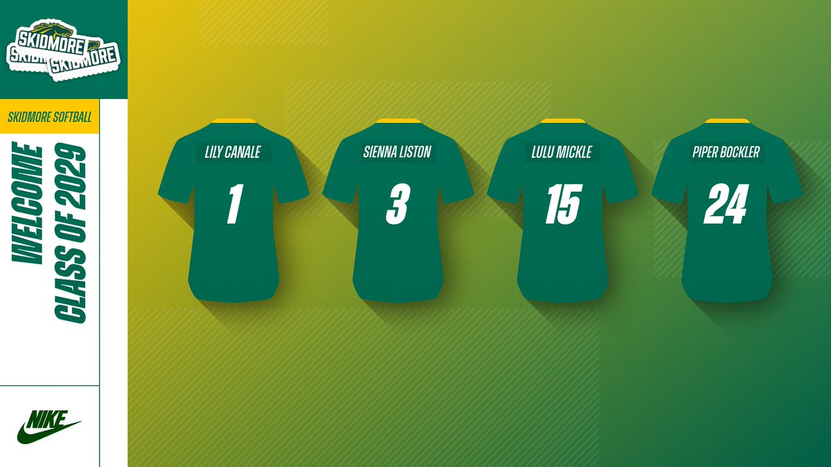 That’s a wrap on our newest Thoroughbreds!
We’re proud to welcome this incredible group to the Skidmore Softball family: Lily Canale, Sienna Liston, Lulu Mickle, Piper Bockler

The future is bright in green and gold 💚💛
Let’s go to work, TBreds! 🐎