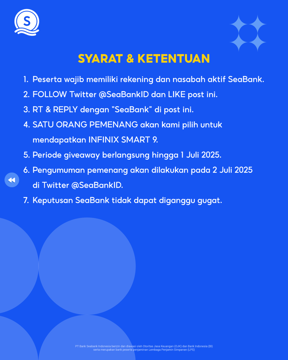 SeaBankID's tweet image. KAPAN LAGI? FOLLOW MEDIA SOSIAL SEABANK DAPAT SMARTPHONE! 🤩

Yuhu~ spesial untuk pengikut sosial media SeaBank, MinSea mau bagi-bagi hadiah SMARTPHONE INFINIX SMART 9! Yuk, ikuti syarat dan ketentuannya di bawah ini!