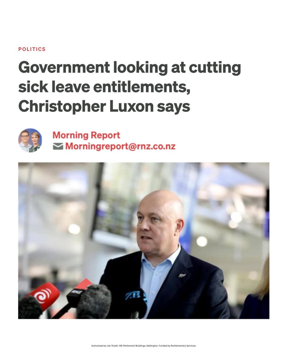 DarrenWatson_NZ's tweet photo. You have to wonder, after witnessing the last five years, how any sane person would suggest that halving sick leave entitlements is a good idea?!!! #nzpol