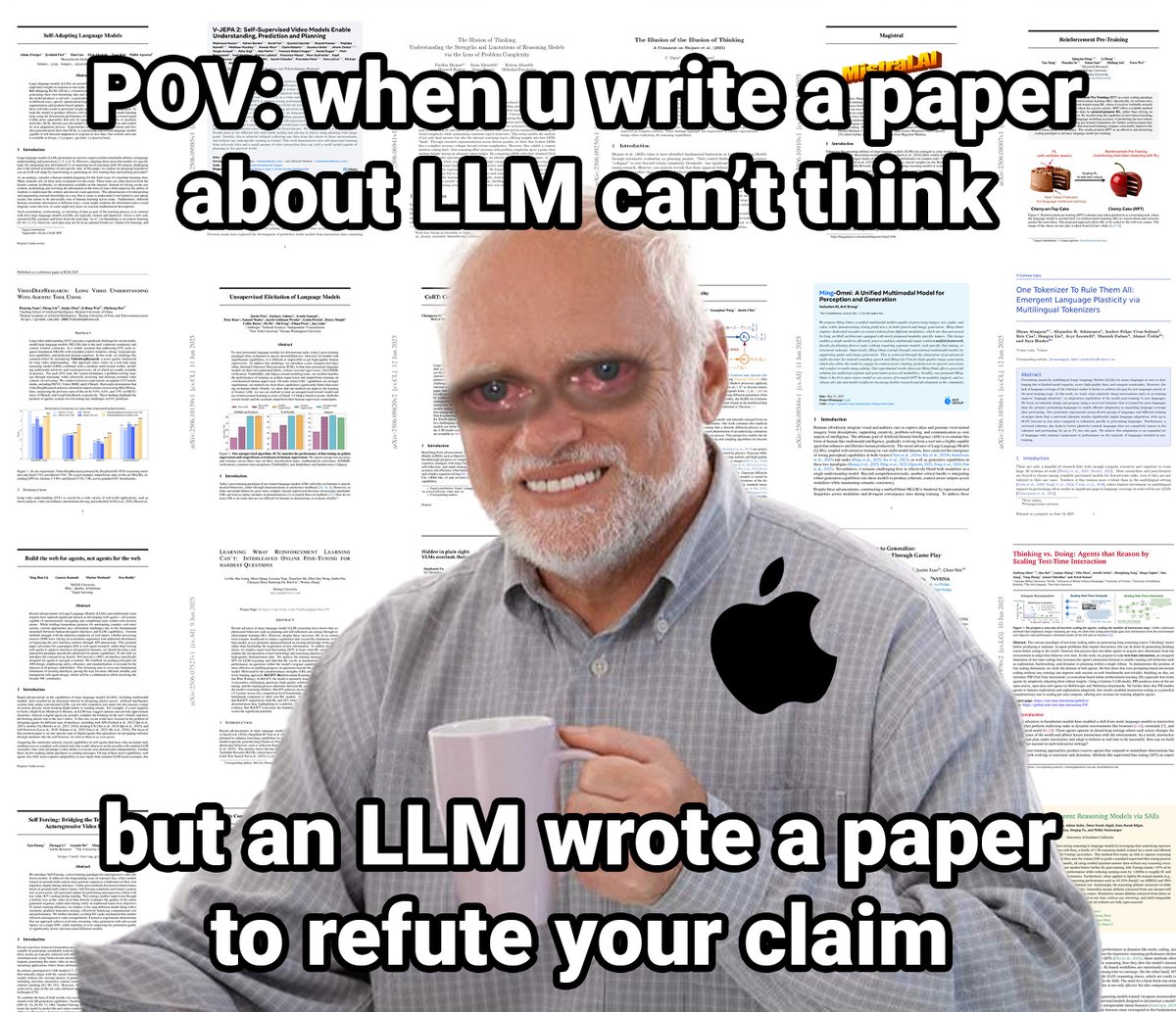 🚨This week's top AI/ML research papers:

- Self-Adapting Language Models
- V-JEPA 2
- The Illusion of the Illusion of Thinking
- Magistral
- Reinforcement Pre-Training
- VideoDeepResearch
- Unsupervised Elicitation of LMs
- CoRT
- The Diffusion Duality
- Ming-Omni
- One