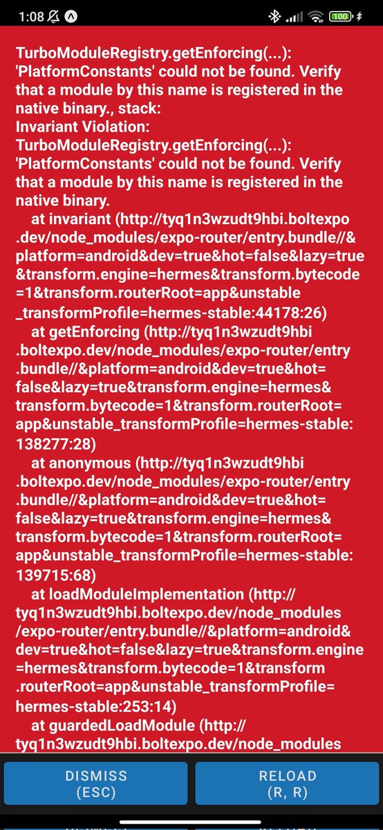 JaimeLeuti's tweet photo. Was making progress until I hit a infinite list of errors. Does anyone know how to fix this. Was building with bolt. Runs fine in the bolt previews but I get this error when trying to open it on expo go https://t.co/R4JgbJesx2