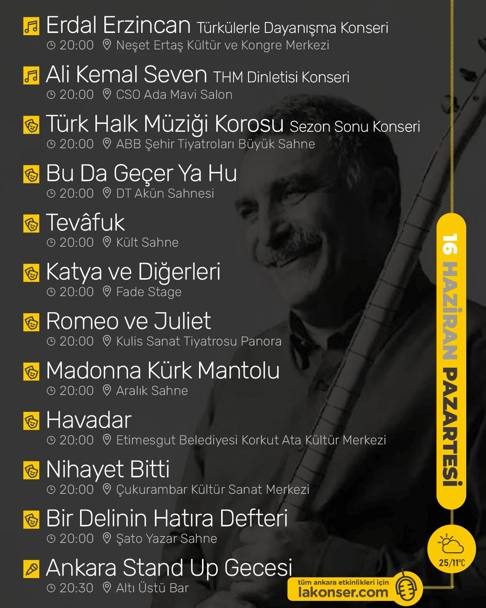 16 HAZİRAN #PAZARTESİ Ankara etkinliklerinden öne çıkanlar 🎙️ Duymasını istediğin arkadaşına yollamayı unutma! Tüm etkinlikler için lakonser.com

Olası değişiklikler için etkinlik günü ilgili mekanın sosyal medya hesaplarını kontrol edebilirsiniz.