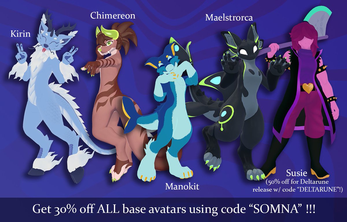 My avatars are still all on sale for 30% off until the end of the day tomorrow (Monday 11:59pm EST)!!!
I almost never do this big of a discount, so use it while you can!!
🔗 In comments!!

 #vrchat #avatar #furry #furryart #furryartist #queerartist #3dArtist #vr