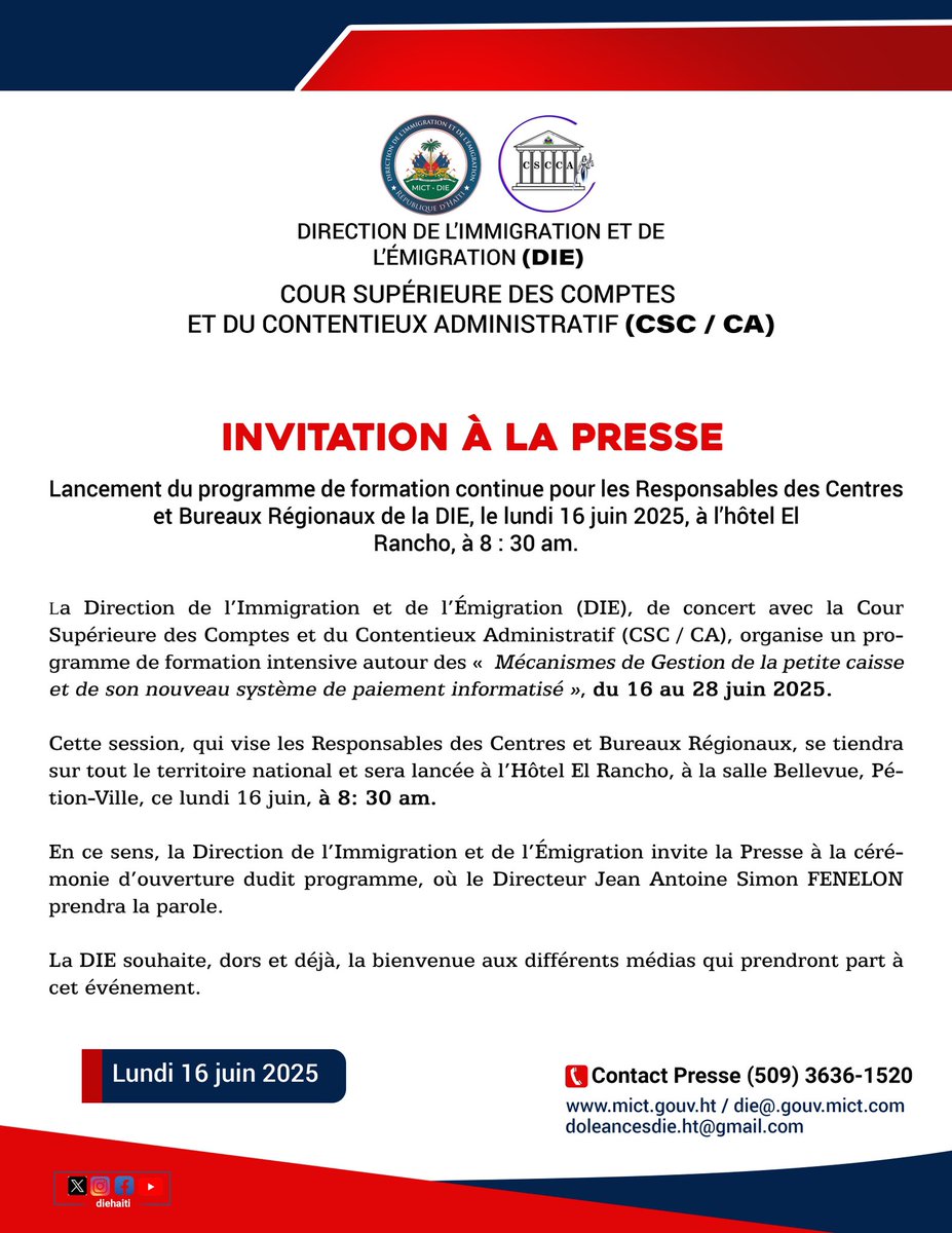 DIEHaiti's tweet photo. Invitation à la Presse : Lancement du programme de formation continue pour les Responsables des Centres et Bureaux Régionaux de la DIE, le lundi 16 juin 2025, à l’hôtel El Rancho, à 8 : 30 am. @DIEHaiti @fenRotchild https://t.co/FJC9r7vpBh