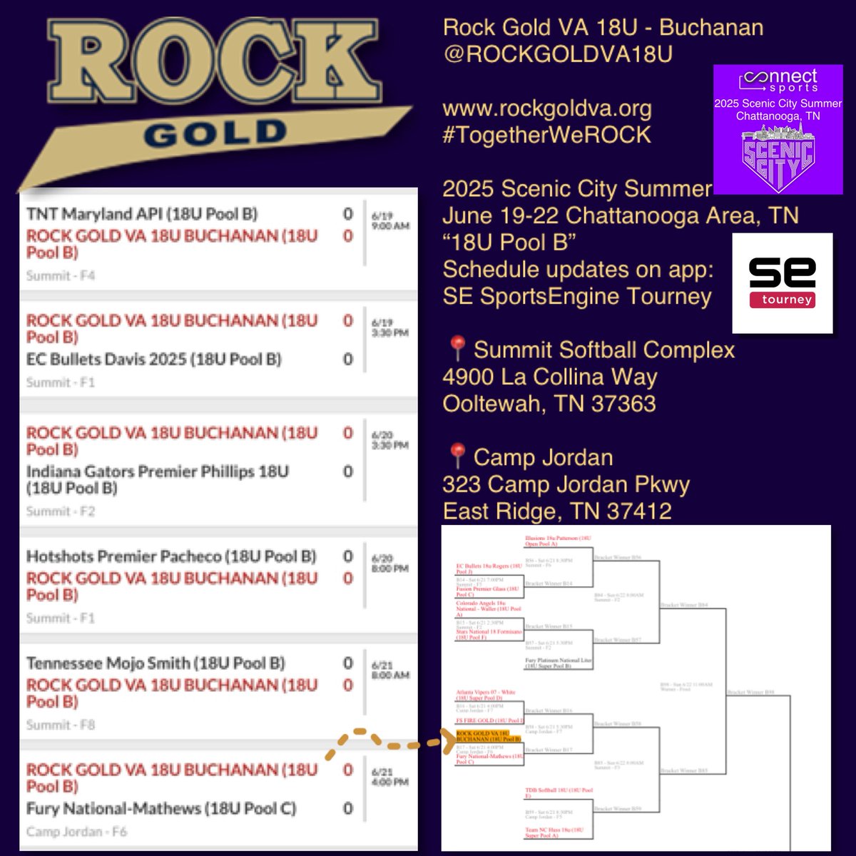 🤘🎸🥎 Next stop on the 2025 summer ROCK tour for ROCK GOLD VA 18U - Buchanan is “The Ultimate Fastptich Experience” in Scenic City for the <a href="/ConnectSports_/">Connect Sports</a> summer event!
(insta @ connectsports3)
🗓️ June 19-22, 2025
🎟️ 2025 Scenic City Summer
📍Chattanooga Area, TN
#TogetherWeROCK