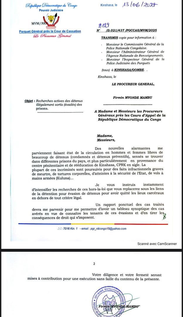 EdmondIzuba1's tweet photo. 🔴Urgent-#RDC—Justice : le Procureur de la République annonce la traque des détenus sortis de la prison par le ministre Constant Mutamba. Une décision prise quelques heures après que l’assemblée nationale a autorisé les poursuites judiciaires contre le ministre de la justice. 

«Des nouvelles alarmantes parviennent faisant état de la circulation en hommes et femmes libres de beaucoup de détenus (condamnés et détenus préventifs), sensés se trouver dans différentes prisons du pays, et plus particulièrement en provenance du centre pénitentiaire et de rééducation de Kinshasa, CPRK en sigle. La plupart de ces incriminés sont poursuivis pour des faits infractionnels graves de meurtre, de tortures corporelles, d'atteintes à la sécurité de l'Etat, de vols à mains armées (Kuluna)...»