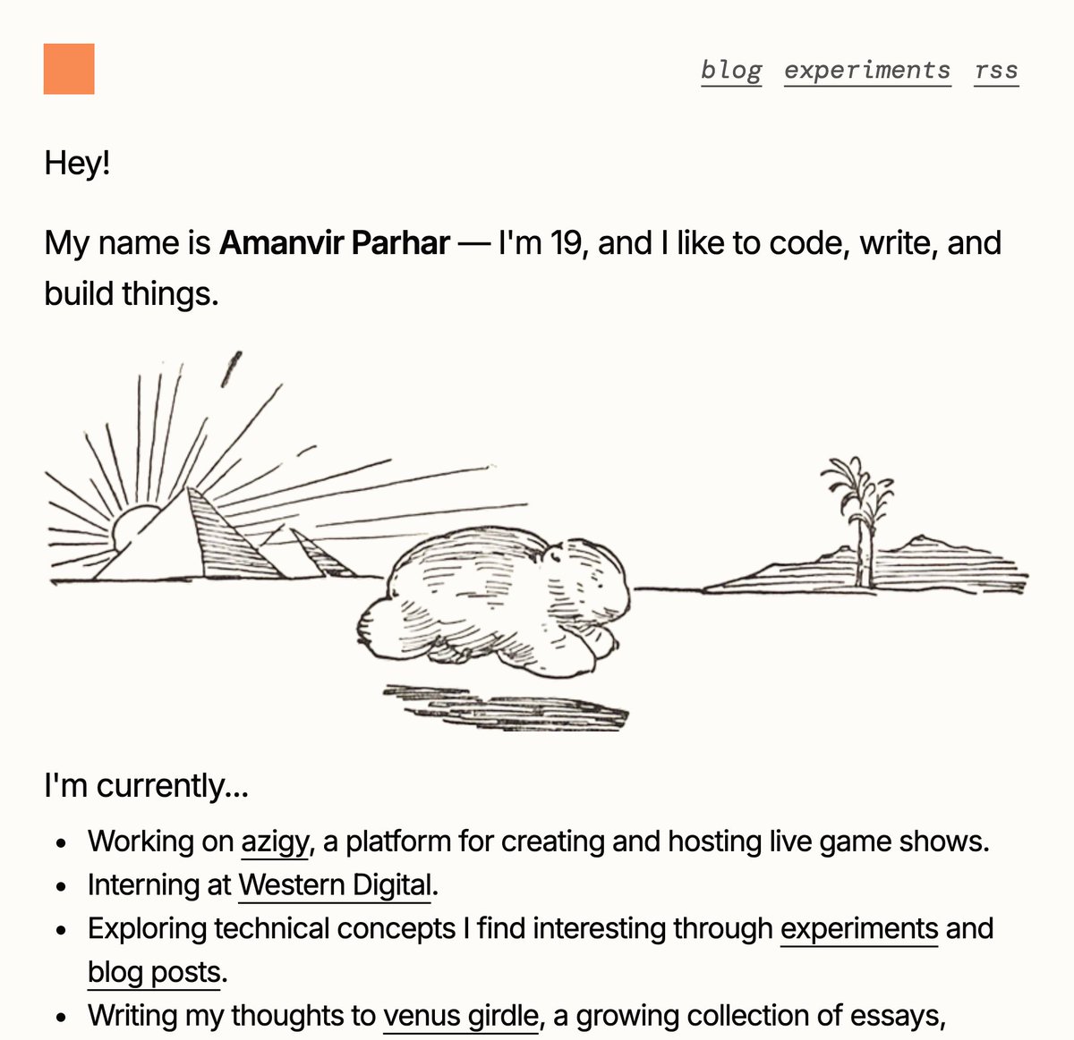 Redesigned my personal site this weekend! 🙂

It's now got...
- A fully revamped landing page (credit to Edward Burne-Jones for the wombat sketch!)
- A cleaner UI for blog posts
- An RSS feed: amanvir.com/feed.xml (subscribe to get notified when I publish new blog posts!)