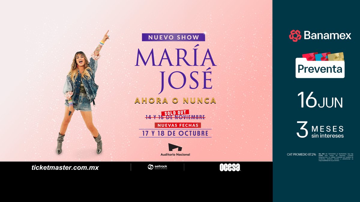EnPOPados's tweet image. María José suma dos fechas más a su nueva gira "Ahora o Nunca": canalenpopados.blogspot.com/2025/06/maria-… @lajosa  #MariaJose #AhoraONunca #AhoraONuncaTour @AuditorioMx  #AuditorioNacional @Ticketmaster_Me  @ocesa_total  @aldo._.patricio @mbarrerao @rafagaroquera @seitrack @erehewitt 

#EnPOPados