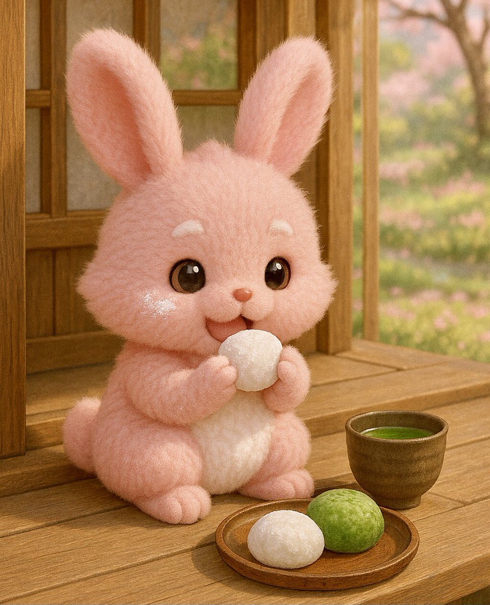 🐰おはようございます☀️
6/16は、「和菓子の日」

ルナも、嬉しそうに、大福をパクリ🍵

#CNP #ルナ　#ピンクのうさぎ　#うさぎ
#ChatGPT  #AIアート　#ファンアート