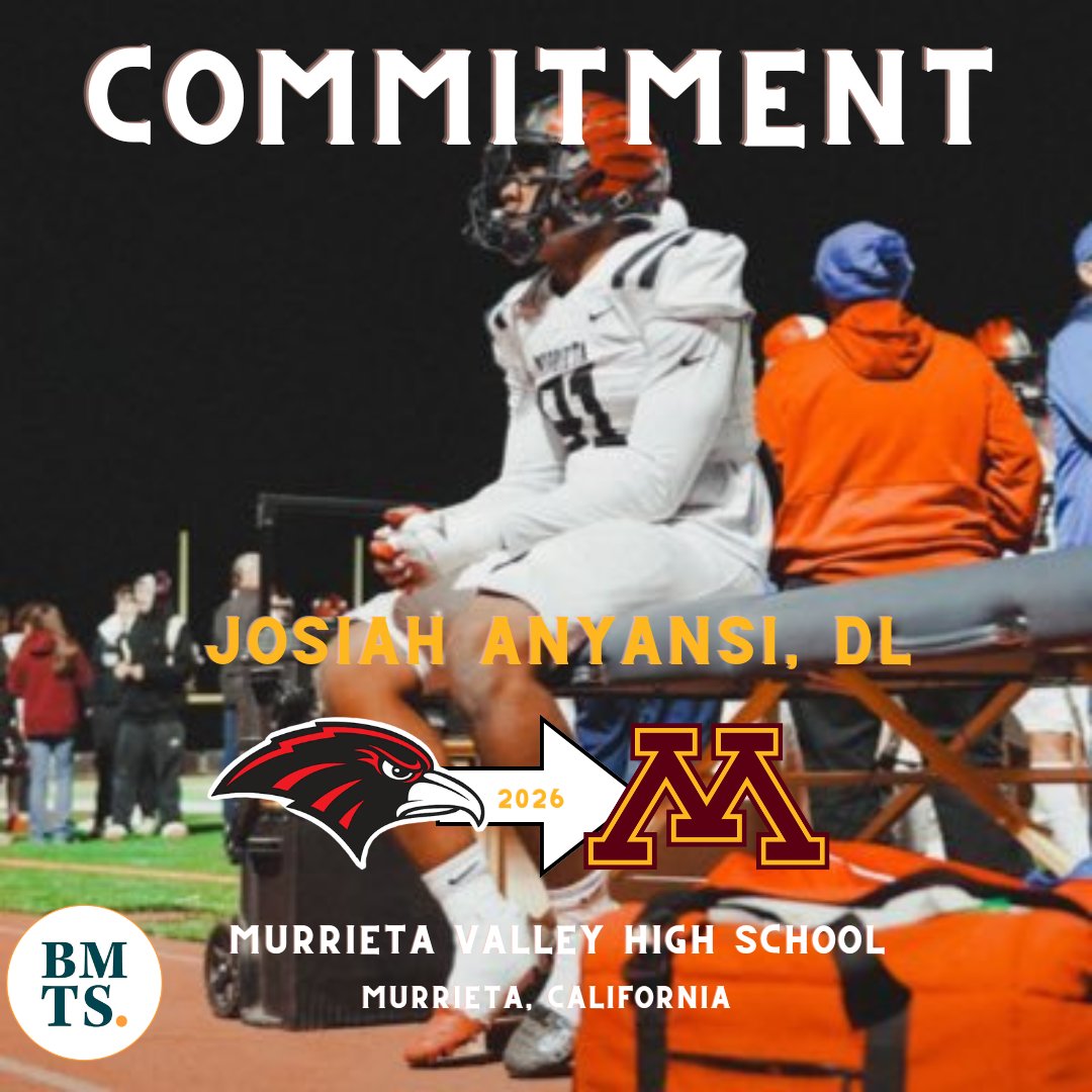 Tony Liebert (@tonyliebert) on Twitter photo BREAKING: 2026 (Murrieta, CA) DL Josiah Anyansi (<a href="/JosiahAnyansi/">Josiah Anyansi</a>) has verbally committed to the Gophers.
Listed at 6-foot-3, 250lbs, he holds notable top offers from Arizona, Georgia Tech and Utah. si.com/college/minnes… BREAKING: 2026 (Murrieta, CA) DL Josiah Anyansi (<a href="/JosiahAnyansi/">Josiah Anyansi</a>) has verbally committed to the Gophers.
Listed at 6-foot-3, 250lbs, he holds notable top offers from Arizona, Georgia Tech and Utah. si.com/college/minnes…