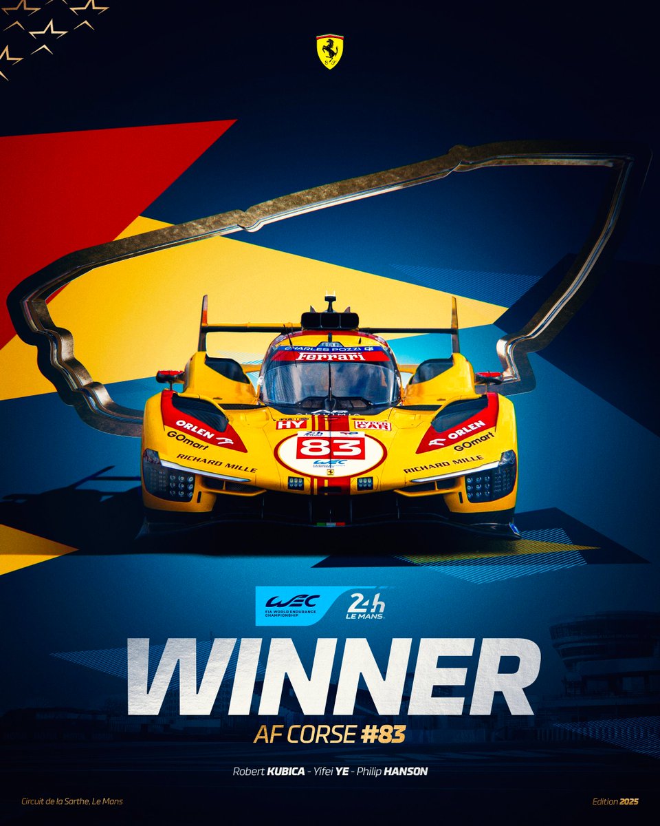 Shanghai Daily (@shanghaidaily) on Twitter photo Ye Yifei makes history as the first Chinese driver 🇨🇳 to win the 24 Hours of Le Mans overall 🏆🏁 Congratulations!
#WEC #LeMans24 <a href="/Yifei_YE/">Yifei Ye 叶一飞</a> <a href="/AFCorse/">AF Corse</a> <a href="/24hoursoflemans/">24 Hours of Le Mans</a> Ye Yifei makes history as the first Chinese driver 🇨🇳 to win the 24 Hours of Le Mans overall 🏆🏁 Congratulations!
#WEC #LeMans24 <a href="/Yifei_YE/">Yifei Ye 叶一飞</a> <a href="/AFCorse/">AF Corse</a> <a href="/24hoursoflemans/">24 Hours of Le Mans</a>