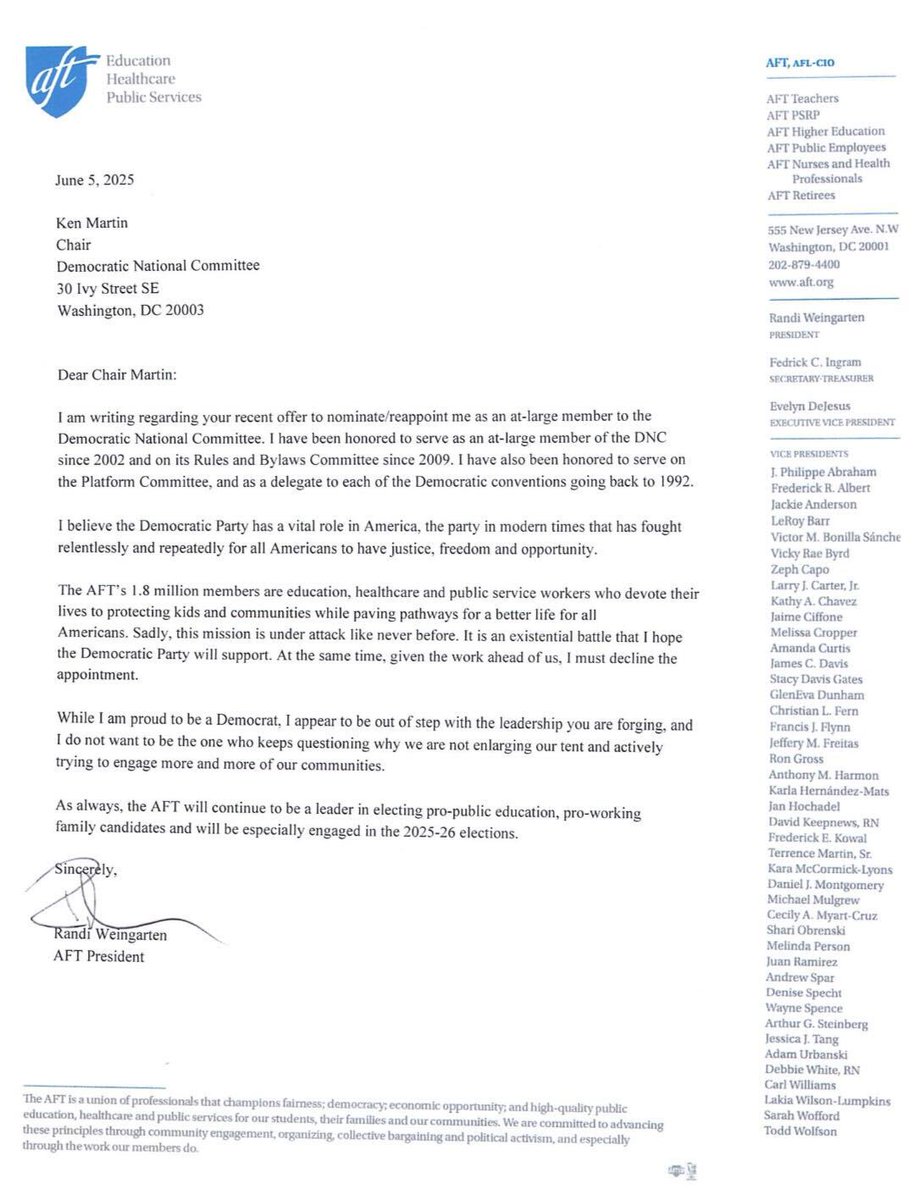 New: AFT President Randi Weingarten is leaving the DNC.

In a letter to DNC Chair Ken Martin, she wrote, "I appear to be out of step with the leadership you are forging, and I do not want to be the one who keeps questioning why we are not enlarging our tent."