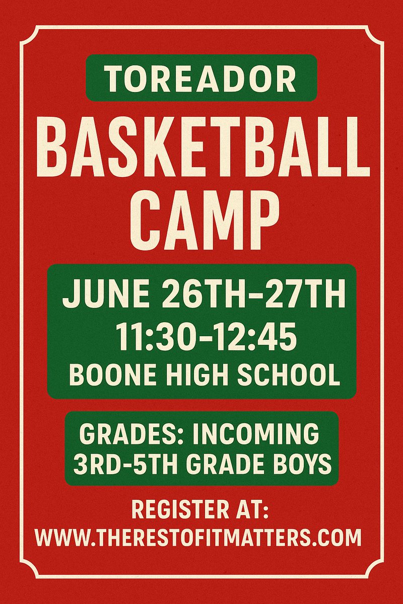 ToreadorHoops's tweet photo. Still time to register for 3rd-5th Boys Basketball Camp. Register by this Wednesday to guarantee a t-shirt. https://t.co/HTgKoK8ubh