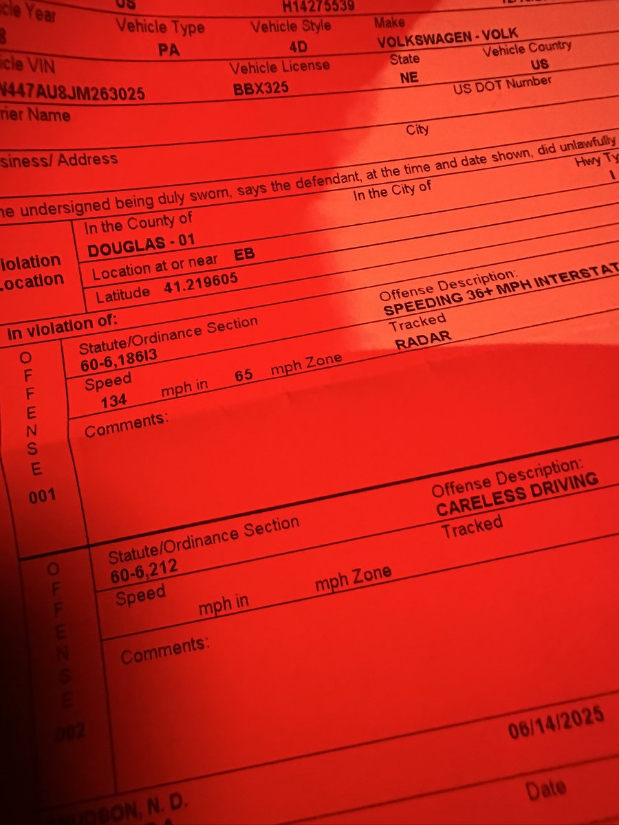 Our night shift stopped this 17 year old traveling 134 mph near 60th street on Interstate 80 in a 65 mph zone.