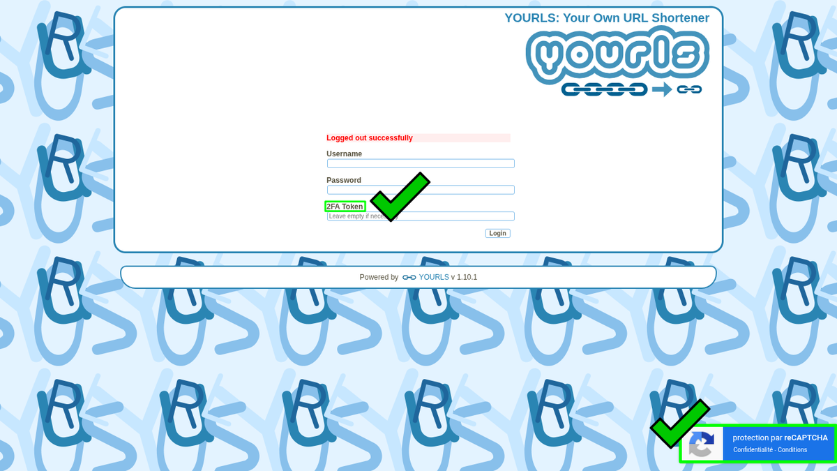 BlablaLinux's tweet photo. #Yourls URL Shortner - #2FA et #reCAPTCHA V3 ✔️ https://t.co/Ib2iVR3V4I