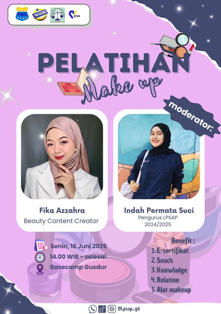 ✨✨ *PELATIHAN MAKE UP* ✨✨
Tampil lebih percaya diri dengan make up yang tepat? Yuk, ikuti pelatihan seru bareng ahlinya!

💄 *Benefit yang kamu dapat:*
✅ E-sertifikat
✅ Snack
✅ Knowledge
✅ Relation
✅ Alat makeup
