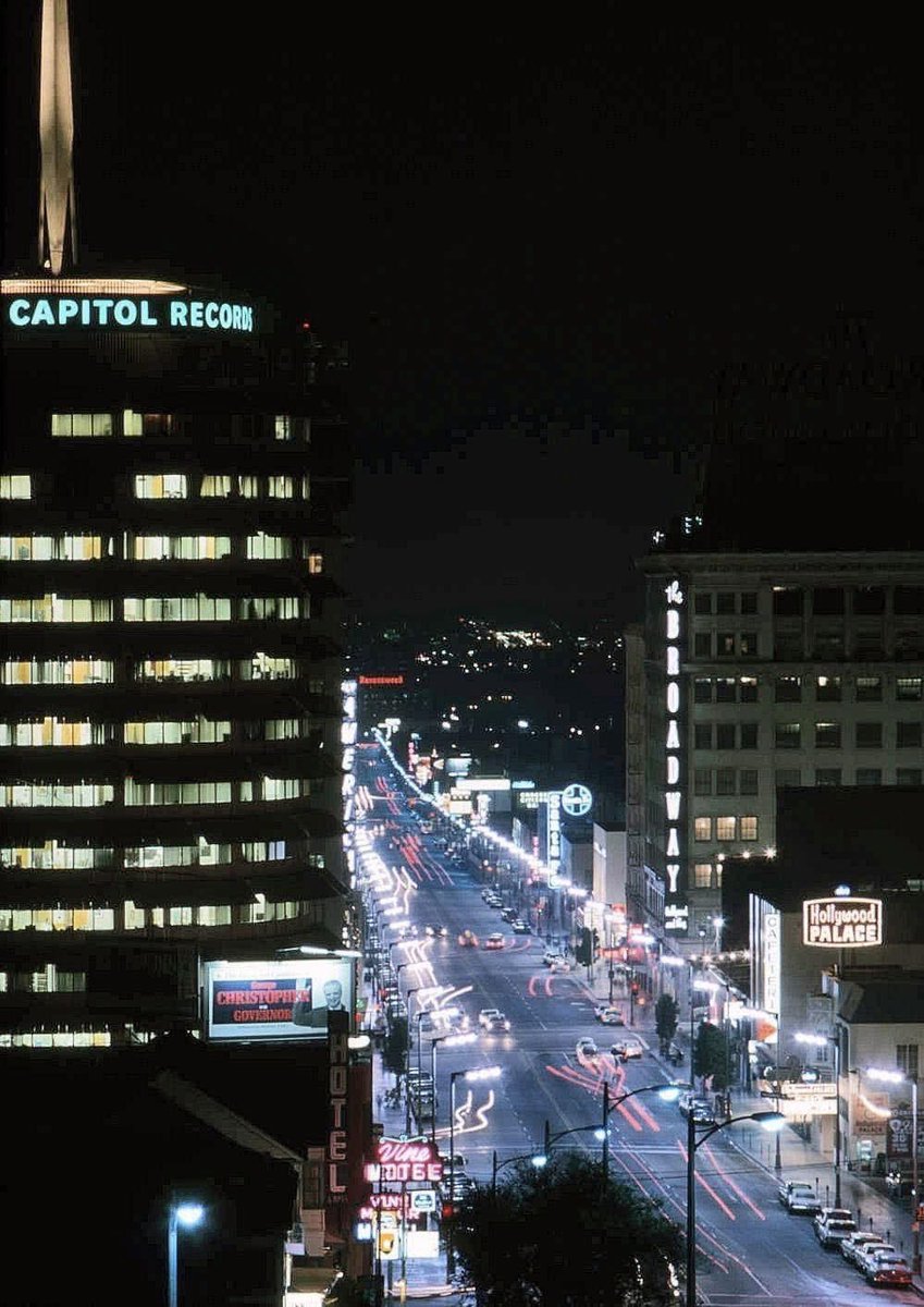 alisonmartino's tweet image. Vine Street and Yucca looking south to Hollywood Blvd in 1966. You can see The Broadway Hollywood and the Palace Theatre (now the Avalon) across from the Capitol Tower which had only been open 10 years when this photo was taken.