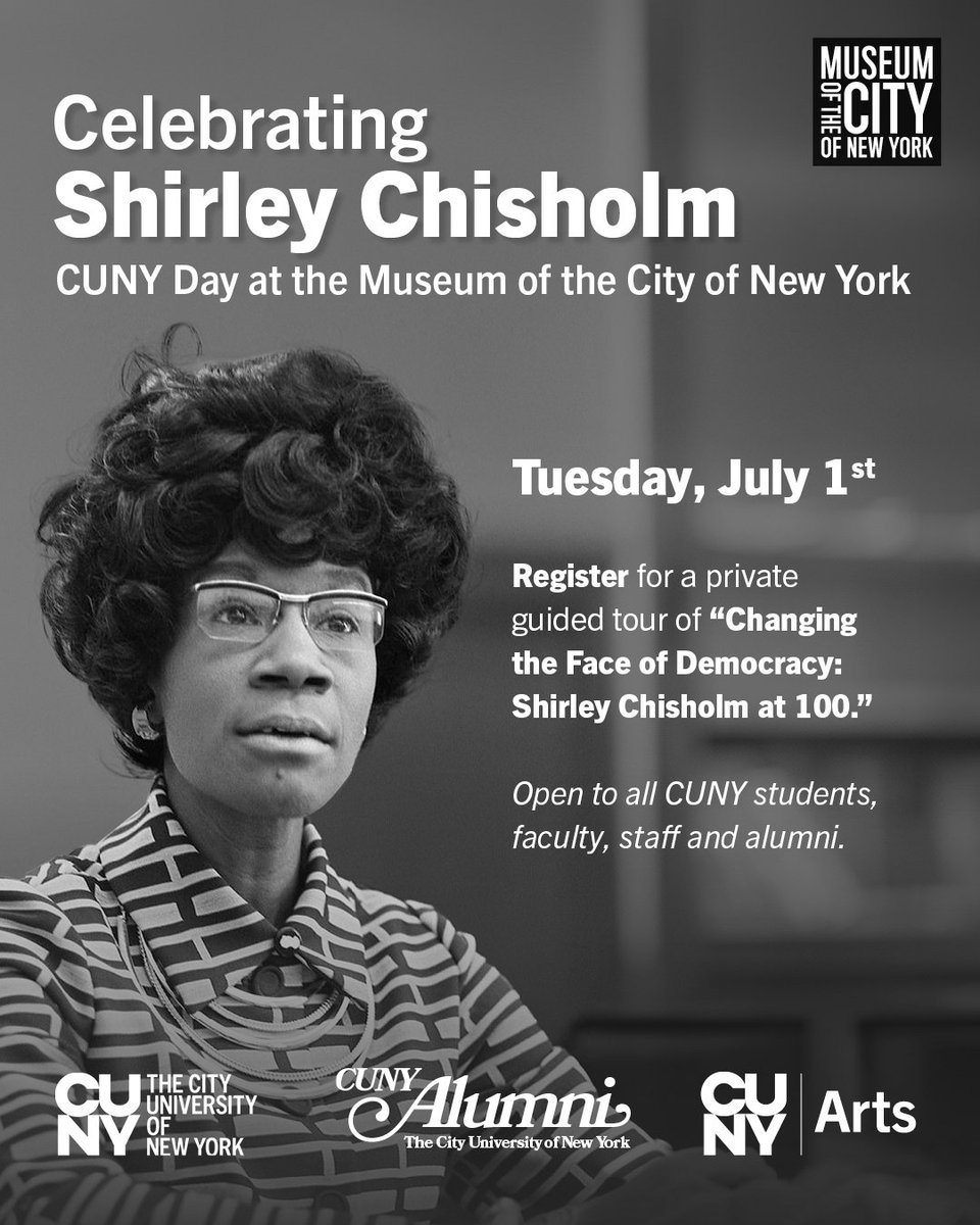 Brooklyn College (@bklyncollege411) on Twitter photo 🎉 Celebrate the life and legacy of @bkcollegealumni Shirley Chisholm ’46 at <a href="/MuseumofCityNY/">Museum of the City of NY</a> on July 1. Private guided tours are open to all CUNY students, faculty, staff and alumni.
🎟️ Register today: ybephbsyus.formstack.com/forms/2025_cun… 🎉 Celebrate the life and legacy of @bkcollegealumni Shirley Chisholm ’46 at <a href="/MuseumofCityNY/">Museum of the City of NY</a> on July 1. Private guided tours are open to all CUNY students, faculty, staff and alumni.
🎟️ Register today: ybephbsyus.formstack.com/forms/2025_cun…
