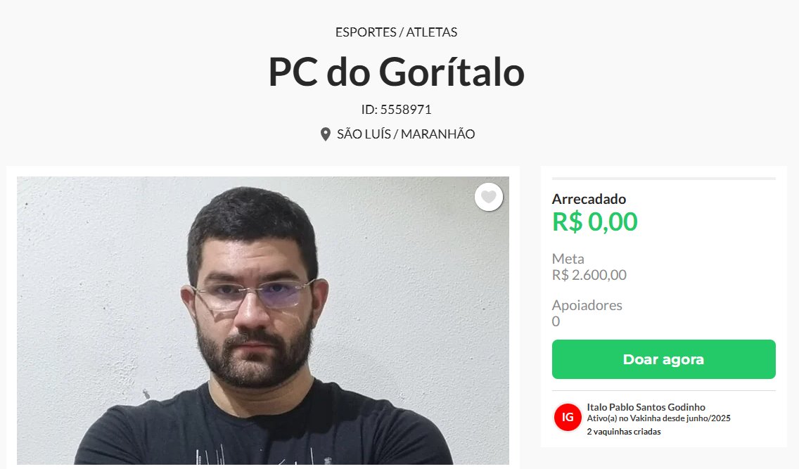 Boa noite, o Goritalo é um jogador competitivo de SF6 mas infelizmente por conta de um pc limitado ele não consegue dar o seu máximo nas competições que participa. Abaixo segue o link para quem se interessar a ajudar o Tijolo ❤