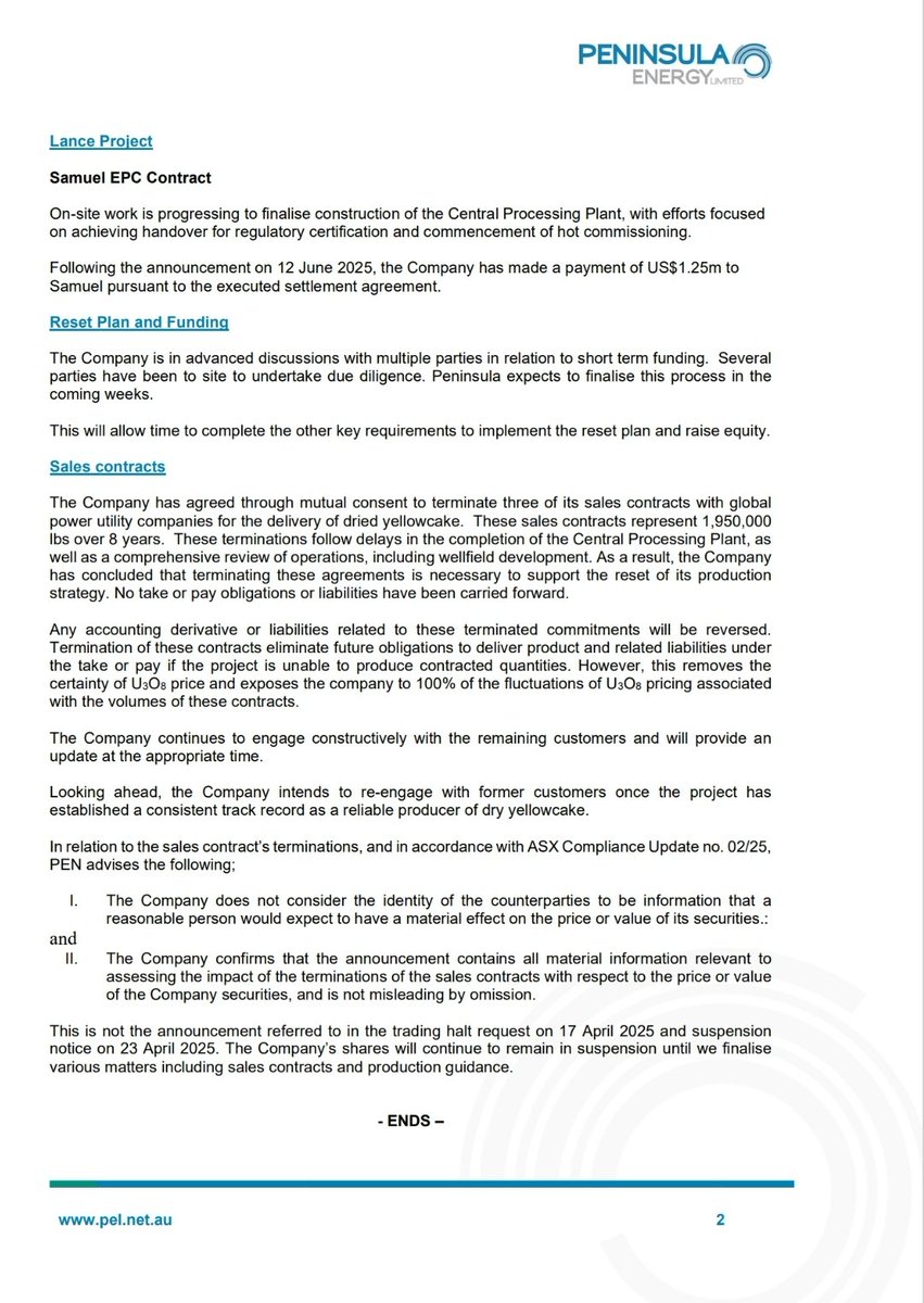 Peninsula Energy terminates three sales contracts with "no take or pay obligations or liabilities having been carried forward"

With uranium price only heading higher in future years, $PEN will be able to sign contracts at higher prices.

Good news, is it not?

#uranium
