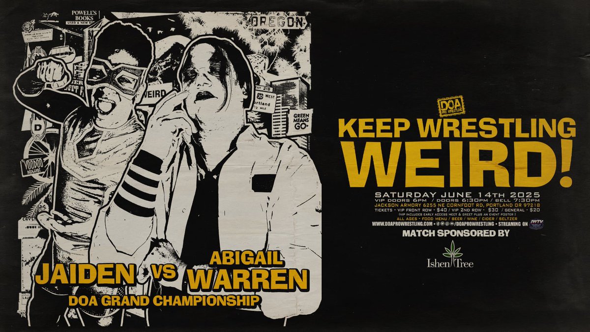IWTV (@indiewrestling) on Twitter photo JUST ADDED
<a href="/doaprowrestling/">DOA Pro Wrestling</a> presents
Keep Wrestling Weird!
Featuring
<a href="/brujabeeb/">“La Bruja” Abigail Warren</a> v <a href="/ThisIsJAIDEN/">JAIDEN The Unbelievable</a>
<a href="/colerivera_pw/">Cole Rivera</a> v <a href="/Reallydrakekwon/">Drake "The fuck did you say" Kwon</a>
<a href="/realsuyung/">s ü y ü n g</a> <a href="/TheRebelKel/">K E L</a> v <a href="/Ravenousrandy/">Randy Myers</a> <a href="/kiddbanditpro/">kidd bandit 🦝キッド・バンディット</a>
<a href="/FrankyDuv/">Franky</a> v <a href="/BrianCooook/">Brian!</a>
+ <a href="/ImSteveMigs/">Steve Migs</a> & more!
Watch it now
independentwrestling.tv/player/Zzvwgez… JUST ADDED
<a href="/doaprowrestling/">DOA Pro Wrestling</a> presents
Keep Wrestling Weird!
Featuring
<a href="/brujabeeb/">“La Bruja” Abigail Warren</a> v <a href="/ThisIsJAIDEN/">JAIDEN The Unbelievable</a>
<a href="/colerivera_pw/">Cole Rivera</a> v <a href="/Reallydrakekwon/">Drake "The fuck did you say" Kwon</a>
<a href="/realsuyung/">s ü y ü n g</a> <a href="/TheRebelKel/">K E L</a> v <a href="/Ravenousrandy/">Randy Myers</a> <a href="/kiddbanditpro/">kidd bandit 🦝キッド・バンディット</a>
<a href="/FrankyDuv/">Franky</a> v <a href="/BrianCooook/">Brian!</a>
+ <a href="/ImSteveMigs/">Steve Migs</a> & more!
Watch it now
independentwrestling.tv/player/Zzvwgez…