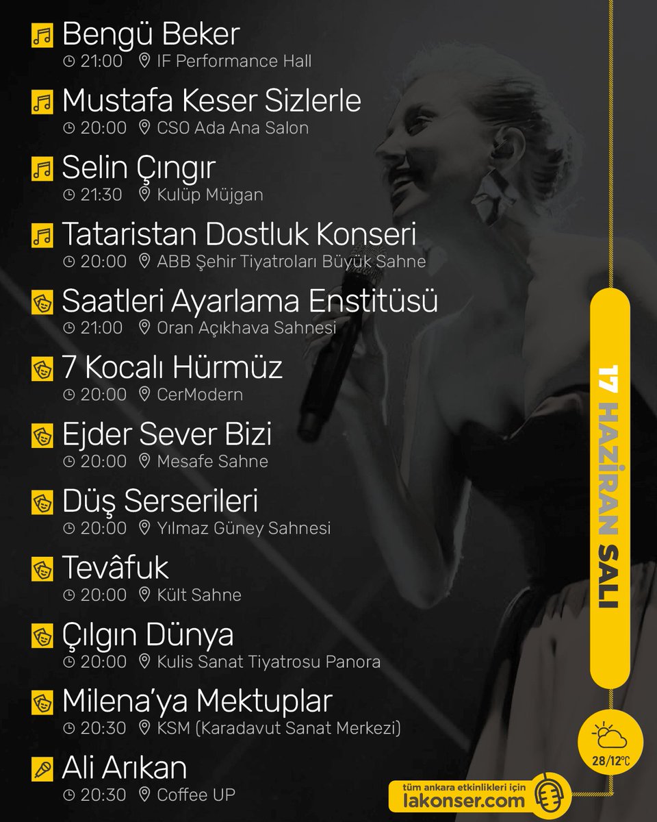17 HAZİRAN #SALI Ankara etkinliklerinden öne çıkanlar 🎙️ Duymasını istediğin arkadaşına yollamayı unutma! Tüm etkinlikler için lakonser.com

Olası değişiklikler için etkinlik günü ilgili mekanın sosyal medya hesaplarını kontrol edebilirsiniz.
