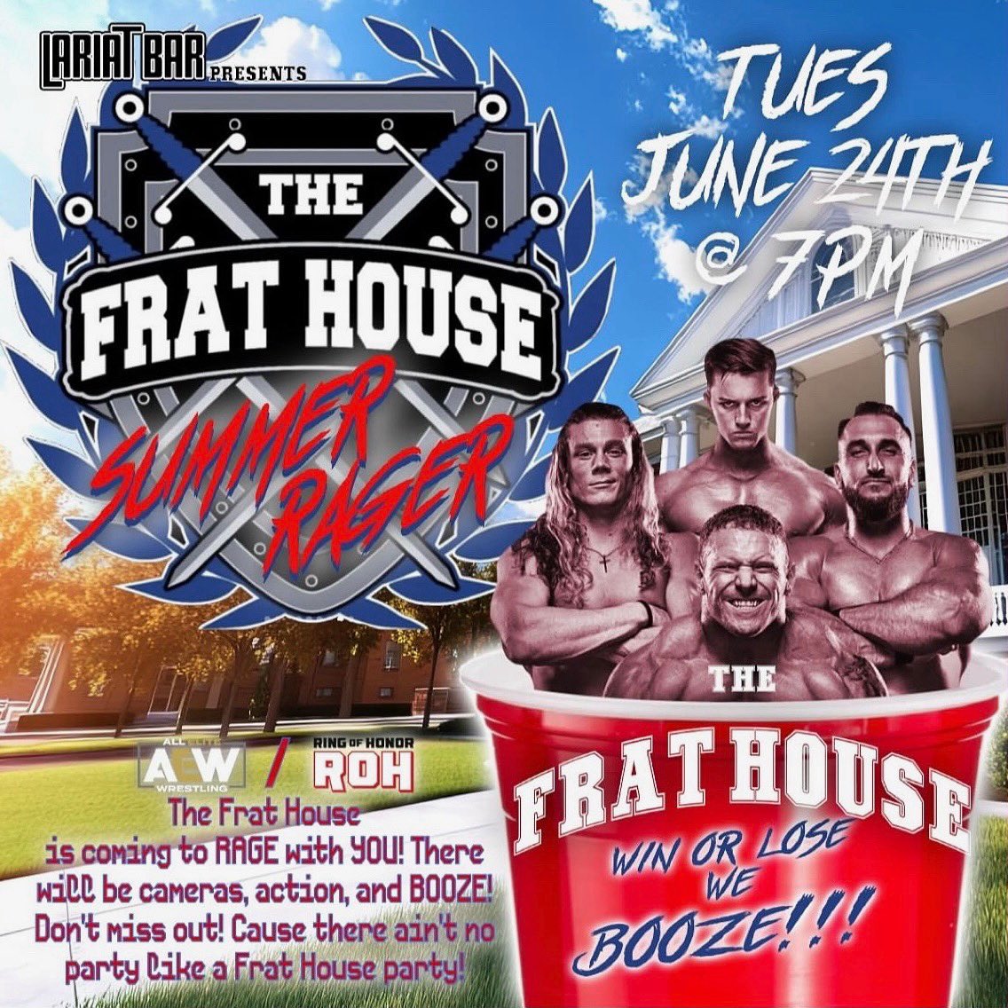 Win or lose we booze! Next stop Seattle, Washington. 

#AEW #ROH #StillHandPicked #FratHouse #WinOrLoseWeBooze #prowrestling #wrestling #party #LariatBar
