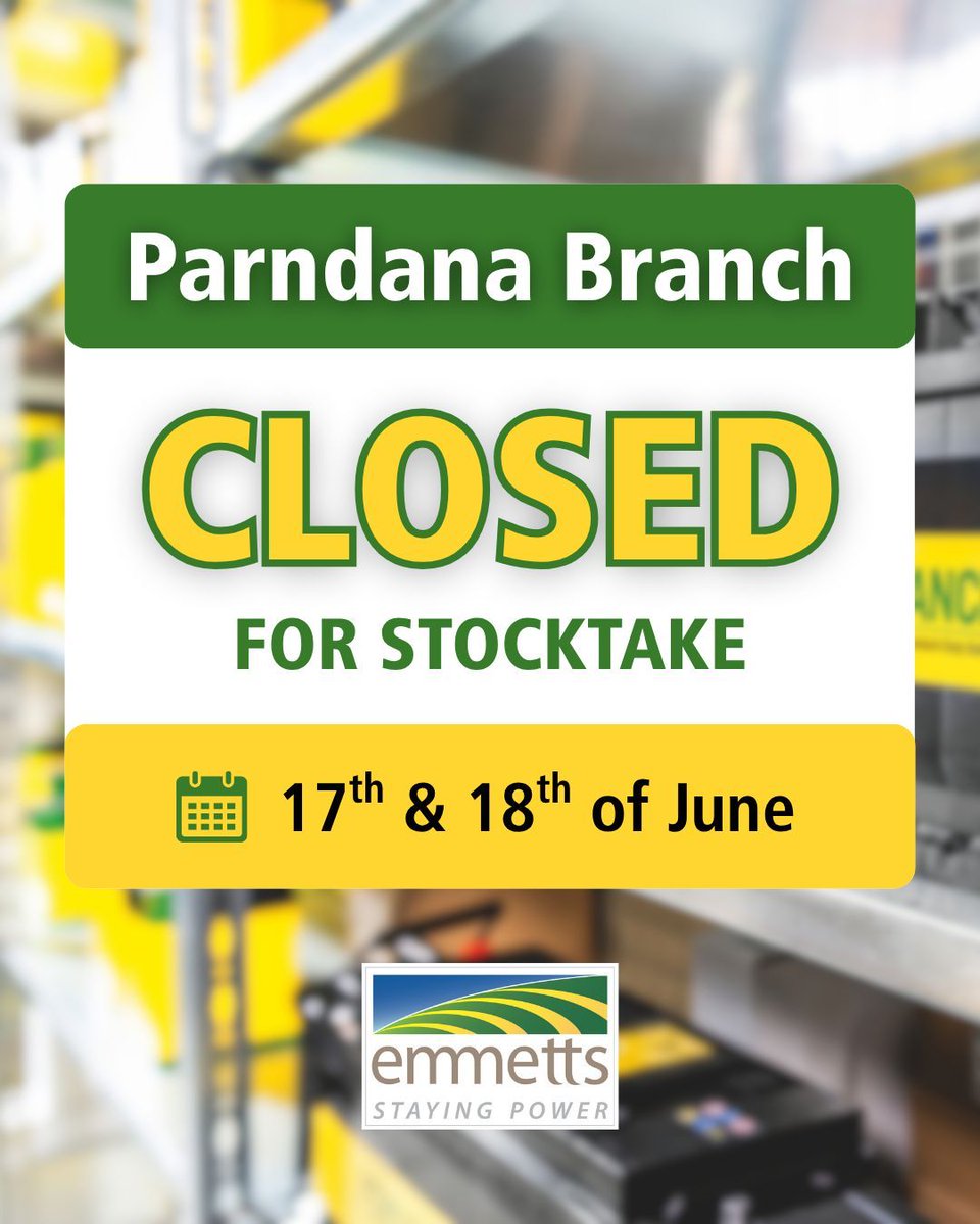 📦 Please note that our Parndana branch will be closed on Tuesday 17th and Wednesday 18th of June for a full stocktake. If you need parts or assistance around that time, give the team a call in advance so we can help you out! Thank you for your understanding 👨‍🔧📋