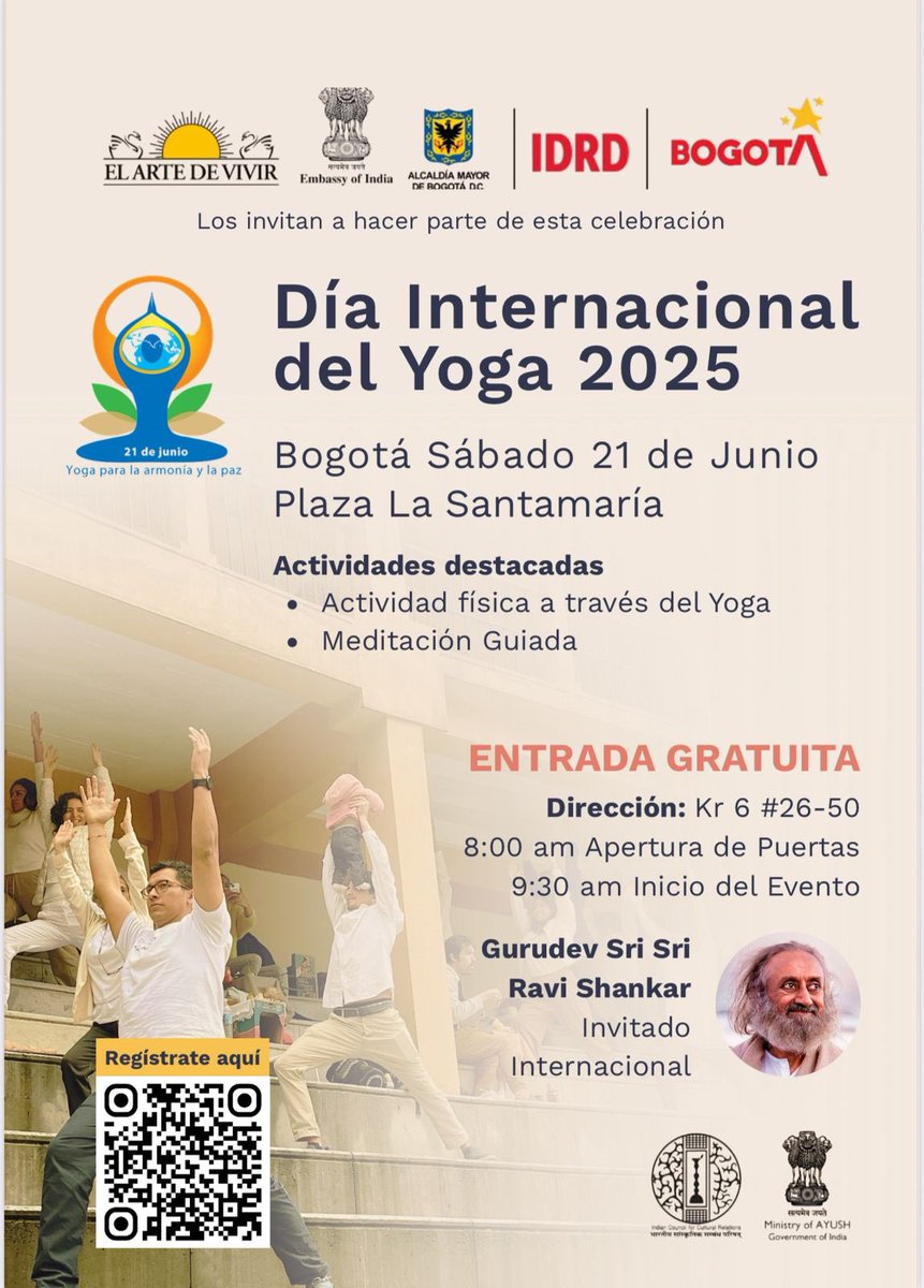 Cantoalagua (@cantoalagua) on Twitter photo Este sábado 21 de junio, desde las 9:30 am. En el #DíaInternacionalDelYoga la Plaza La Santamaría en Bogota será el espacio para vivir una experiencia única desde la compasión y La Paz ,
Con la presencia del maestro <a href="/Gurudev/">Gurudev Sri Sri Ravi Shankar</a>
Gurudev Sri Sri Ravi Shankar Este sábado 21 de junio, desde las 9:30 am. En el #DíaInternacionalDelYoga la Plaza La Santamaría en Bogota será el espacio para vivir una experiencia única desde la compasión y La Paz ,
Con la presencia del maestro <a href="/Gurudev/">Gurudev Sri Sri Ravi Shankar</a>
Gurudev Sri Sri Ravi Shankar
