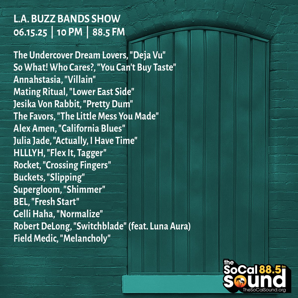 krbronson (@krbronson) on Twitter photo Coming at 10PM: <a href="/BuzzBandsLA/">Buzz Bands LA</a> Show on 88.5 FM <a href="/TheSoCalSound/">The SoCal Sound</a>, ft. Alex Amen, The Undercover Dream Lovers, Rocket, Supergloom, So What! Who Cares?, Jesika Von Rabbit, Mating Ritual, HLLYH, Annahstasia, Gelli Haha, Field Medic, The Favors, Julia Jade + more bit.ly/44hlM9J Coming at 10PM: <a href="/BuzzBandsLA/">Buzz Bands LA</a> Show on 88.5 FM <a href="/TheSoCalSound/">The SoCal Sound</a>, ft. Alex Amen, The Undercover Dream Lovers, Rocket, Supergloom, So What! Who Cares?, Jesika Von Rabbit, Mating Ritual, HLLYH, Annahstasia, Gelli Haha, Field Medic, The Favors, Julia Jade + more bit.ly/44hlM9J