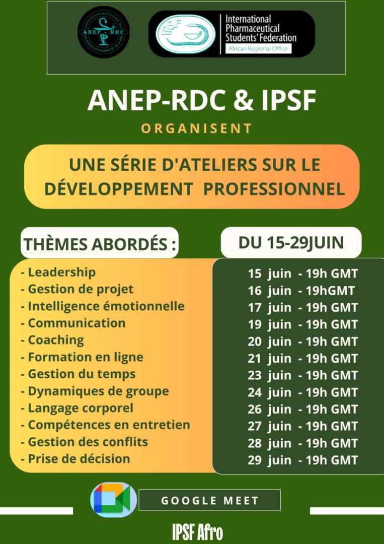 Chers membres ANEP, 
Nous vous convions à participer à une série de sessions de formation du 15 au 29 Juin
Pour participer aux sessions  veuillez cliquer sur le lien suivant: meet.google.com/nsj-foxf-kyj
Commission Chargée du Développement Professionnel ANEP RDC
PharmD Jonathan Metre