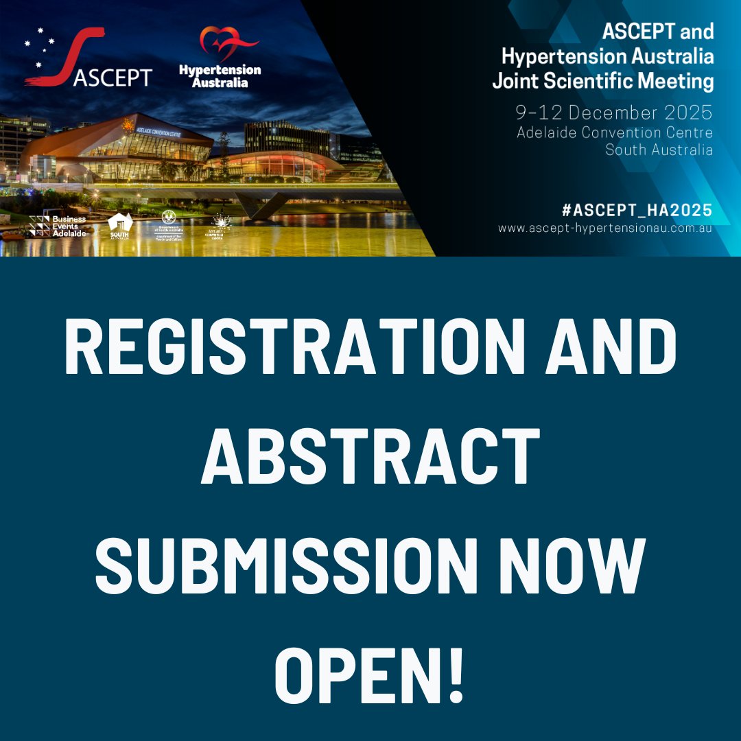 📢 Join us 9-12 Dec, 2025 at Adelaide Convention Centre for the ASCEPT &amp; Hypertension Australia Joint Scientific Meeting!

🔬 Register now ascept-hypertensionau.com.au/registration/
📝 Submit your abstract ascept-hypertensionau.com.au/abstracts/

#ASCEPT_HA2025 #ASCEPT #HypertensionAustralia #Adelaide
