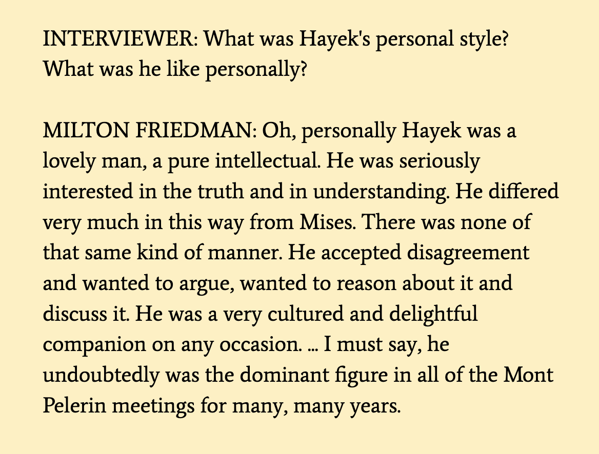 Milton Friedman on Hayek’s personality