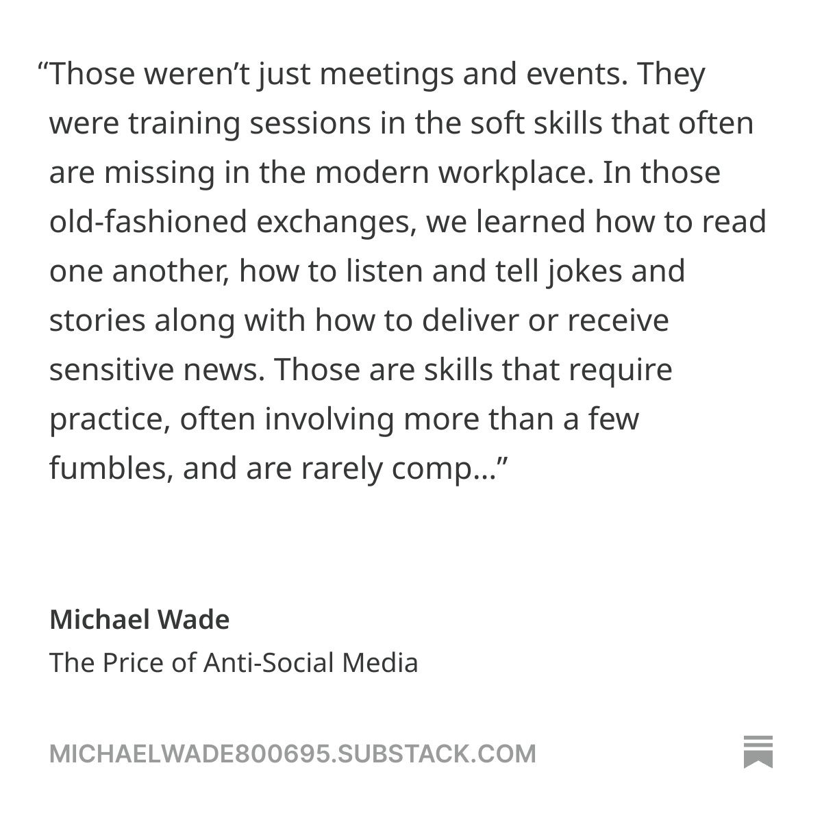 "Once upon a time, social skills were acquired and honed during front porch conversations with neighbors, Little League games, bowling tournaments, poker or bridge nights, board games, and club meetings."

- Michael Wade (@Execupundit)

michaelwade800695.substack.com/p/the-price-of…