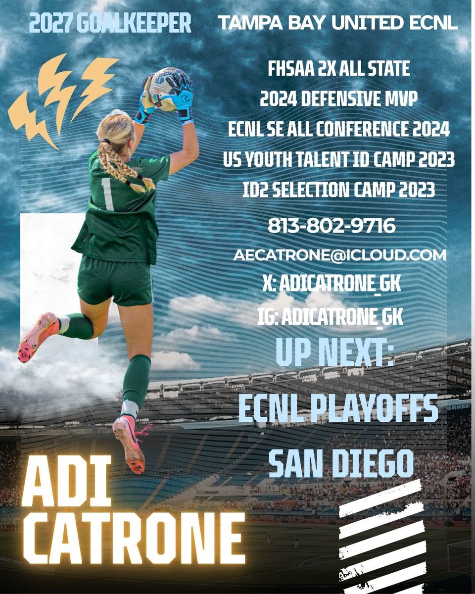 Adriana “Adi” Catrone | 2027 ECNL Goalkeeper (@adicatrone_gk) on Twitter photo Grateful for the calls from coaches today! Looking forward to this journey 🧤#classof2027
<a href="/tbusoccer/">Tampa Bay United SC</a> <a href="/TBU_GK/">Tampa Bay United Goalkeeping</a> <a href="/ugkalliance/">@unitedgkalliance</a> <a href="/ECNLgirls/">ECNL Girls</a> <a href="/TopDrawerSoccer/">TopDrawerSoccer</a> <a href="/ImYouthSoccer/">ECNL/GA/Recruiting/College Soccer</a> <a href="/PrepSoccer/">Prep Soccer ⚽️</a> Grateful for the calls from coaches today! Looking forward to this journey 🧤#classof2027
<a href="/tbusoccer/">Tampa Bay United SC</a> <a href="/TBU_GK/">Tampa Bay United Goalkeeping</a> <a href="/ugkalliance/">@unitedgkalliance</a> <a href="/ECNLgirls/">ECNL Girls</a> <a href="/TopDrawerSoccer/">TopDrawerSoccer</a> <a href="/ImYouthSoccer/">ECNL/GA/Recruiting/College Soccer</a> <a href="/PrepSoccer/">Prep Soccer ⚽️</a>