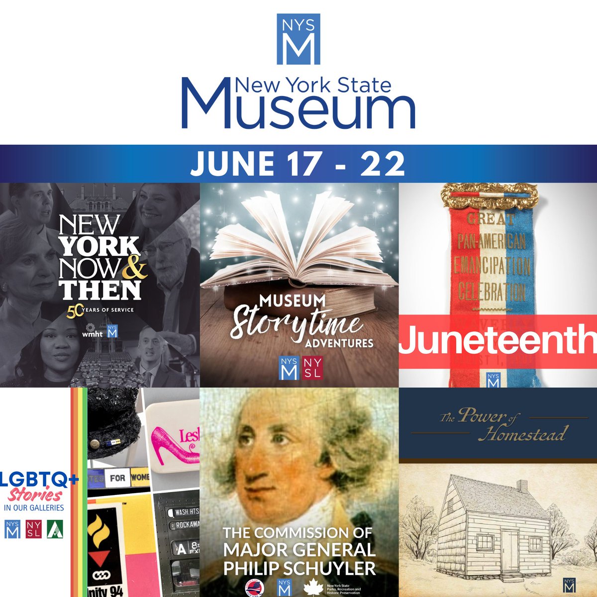THIS WEEK AT THE NYSM!  📽🏠🏳️‍🌈
Tues 6/17: Film: NY NOW &amp; Then
Wed 6/18: Storytime
Thur 6/19: Juneteenth (NYSM closed)
Fri 6/20:  LGBTQ+ Stories from the Collections
Sun 6/22: Major General Philip Schuyler
*Last week to view "The Power of Homestead" 
nysm.nysed.gov/programs
