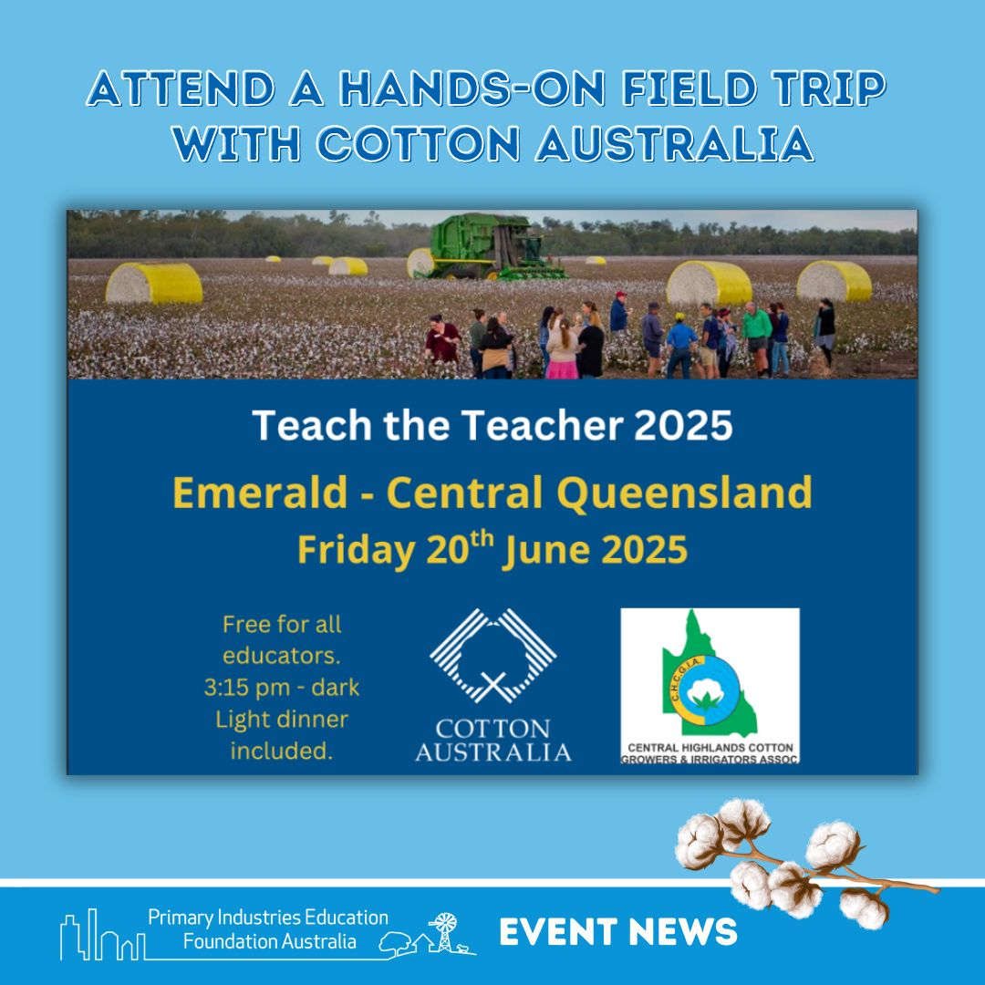 PIEFA (@ozpief) on Twitter photo ๐พJoin <a href="/CottonAustralia/">Cotton Australia</a> for the final (free!) Teach the Teacher event on 20/6/25, in Emerald, QLD!
The tour will take you on a farm to meet growers and see their crops, introduce you to agronomy, and showcase the Fairbairn irrigation scheme.
๐ buff.ly/WFcyEJm ๐พJoin <a href="/CottonAustralia/">Cotton Australia</a> for the final (free!) Teach the Teacher event on 20/6/25, in Emerald, QLD!
The tour will take you on a farm to meet growers and see their crops, introduce you to agronomy, and showcase the Fairbairn irrigation scheme.
๐ buff.ly/WFcyEJm