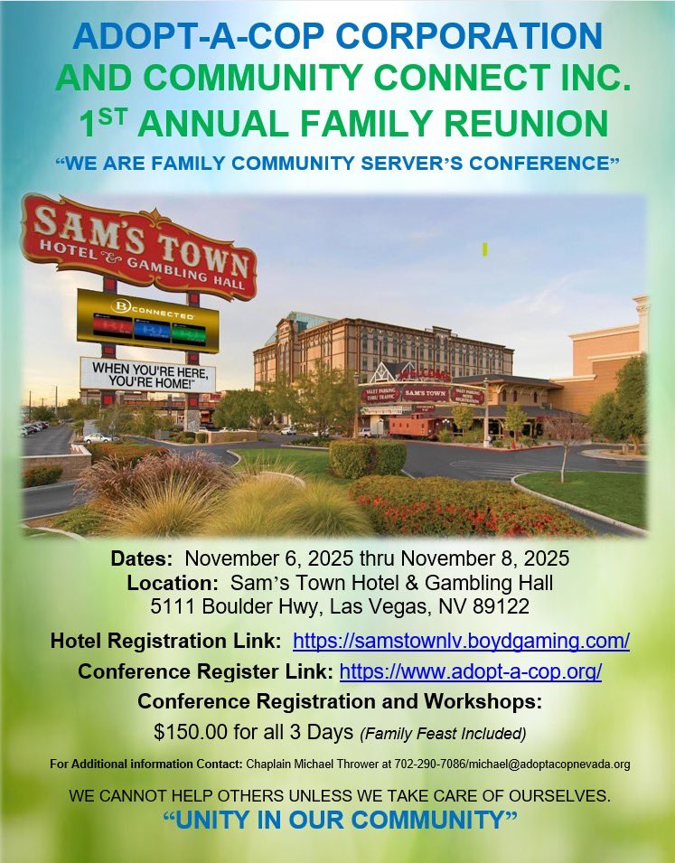 AdoptACopNV's tweet photo. We invite you to this special event. There are many ways to participate, so please share the with as many people, businesses and social platforms you can. We really appreciate it !

ADOPT-A-COP CORPORATION AND COMMUNITY CONNECT. 
First Annual Conference Reunion. https://t.co/wSomU8bZiP
