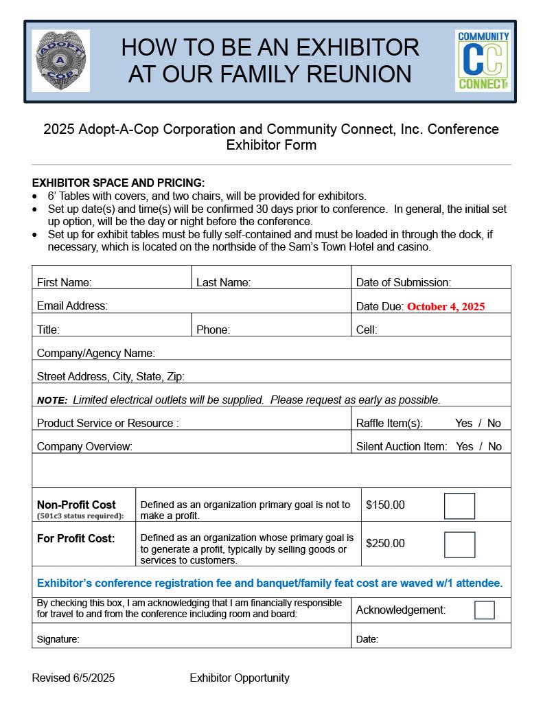 We invite you to this special event. There are many ways to participate, so please share the with as many people, businesses and social platforms you can. We really appreciate it !

ADOPT-A-COP CORPORATION AND COMMUNITY CONNECT. 
First Annual Conference Reunion.