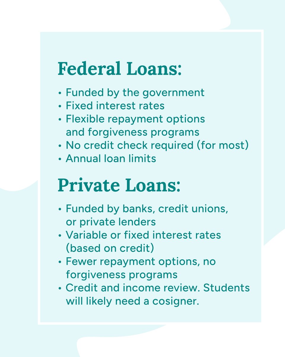 It is important to know the difference between Federal and Private Student Loans! Make an informed decision for your future! 📚💡 #collegeave #collegestudent #studentloans #financialliteracy
